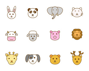 Cute animals face vector illustration with collection with simple design isolated on white background. Linear colorful design of animals face icons
