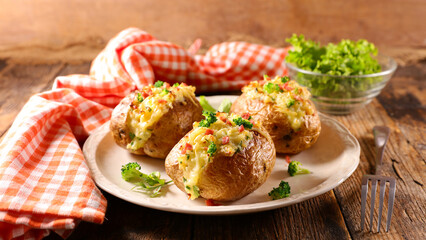 baked potato with cheese, cream and bacon