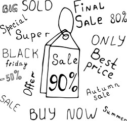 Vector illustration of a label, product label with space for text in Doodle style. Words on the topic of sales, trade, purchases, sales.Can be used for fabric, textiles, paper, Wallpaper, books.