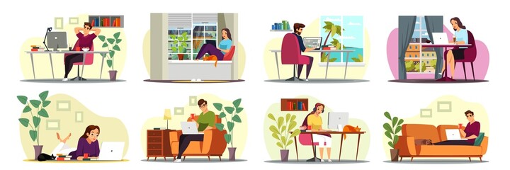 Remote workers working at home office scenes set