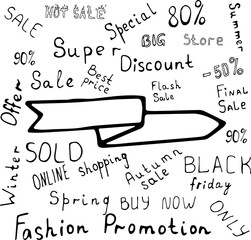 Vector illustration of a ribbon, flag with space for text in the Doodle style. Words on the topic of sales, trade, purchases, sales.Can be used for fabric, textiles, paper, Wallpaper, books.