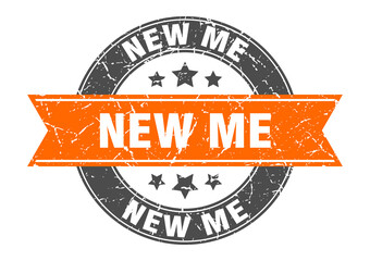 new me round stamp with ribbon. label sign