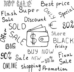 Vector illustration of a wallet with peeking money with space for text in the Doodle style. Words on the topic of sales, trade, purchases, sales. Can be used for fabric, textiles, paper, Wallpaper