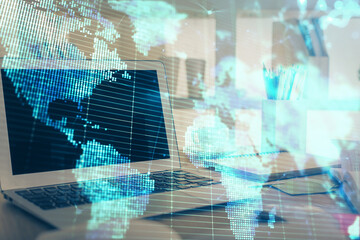 Multi exposure of business theme icons and table with computer background. Concept of success.