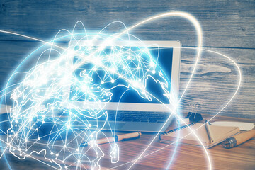 Multi exposure of business theme icons and table with computer background. Concept of success.