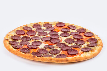 Pepperoni pizza shot on a white plate under the tenderloin