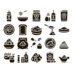 Mayonnaise Spice Sauce Glyph Set Vector. Mayonnaise Bottle And Preparing In Bowl With Mixer, Fry Potato And Meal Glyph Pictograms Black Illustrations