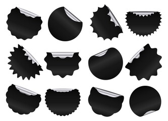Black starburst sale stickers with silver foil on reverse side. Peeled off paper promo labels of different shape with jagged borders. Advertising badges isolated set vector illustration