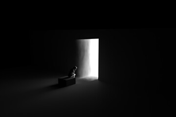 woman silhouette sitting front of a lighting door