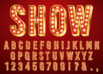 Gold bulb light font. Glowing retro alphabet letter, numbers and marks collection with shiny bright lights. ABC design on dark red background for cinema, broadway and night club vector illustration