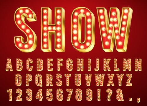 Gold bulb light font. Glowing retro alphabet letter, numbers and marks collection with shiny bright lights. ABC design on dark red background for cinema, broadway and night club vector illustration