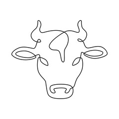 Line cow head. Milk and beef meat farm logo, dairy product label. Cattle continuous line vector isolated on white emblem. Mammal animal for farming or agricultural logo icon illustration
