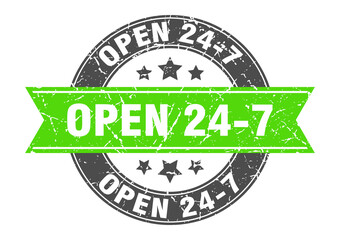 open 24 7 round stamp with ribbon. label sign