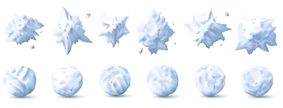 Snowball 3d. Snow splats, splashes and round white snowballs collection for kids winter fights realistic vector set. Christmas, new year holiday for children game, isolated objects