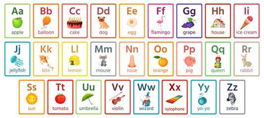 Kids ABC cards. Letter study set, english alphabet with food, animals and fairy tale characters cartoon illustrations vector collection. Flashcards for pupils or students in school learning