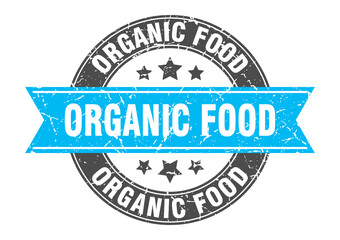 organic food round stamp with ribbon. label sign