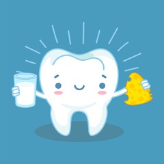 Teeth and calcium. Healthy tooth and milk products with high calcium, friendly cheese and milk, preventative habit, dental vector concept. Dental care and hygiene, health illustration