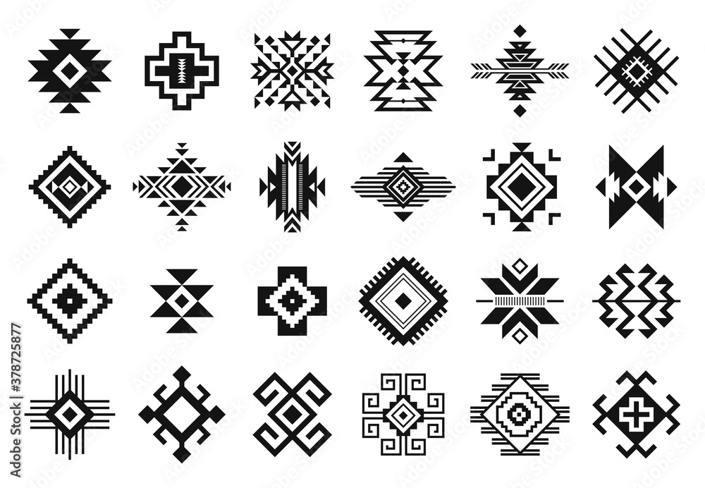 Wall mural Tribal elements. Monochrome geometric american indian patterns, navajo and aztec, ethnic ornament for textile decorative ornament vector set. Black cultural national symbols, art decoration