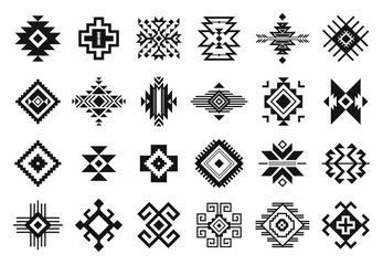 Fotobehang Tribal elements. Monochrome geometric american indian patterns, navajo and aztec, ethnic ornament for textile decorative ornament vector set. Black cultural national symbols, art decoration © Tartila