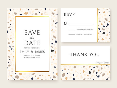 Terrazzo wedding invitation card. Abstract design template bridal flyers with marble texture, save date and name. Announcement vector set. Thank you card, RSVP with pieces, modern design - Powered by Adobe