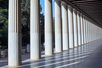 Architectural column arcade in the Ancient Stoa of Athens
