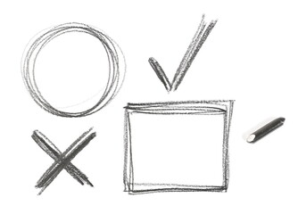 Graphite stick with tick and cross voting symbols hatching, circle and square sketching isolated on...