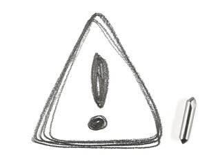 Graphite stick with warning sign hatching, danger triangle sketching isolated on white background, top view