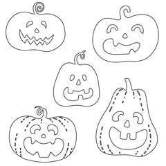 Halloween smiling spooky pumpkin set. Doodle black outline silhouette of holiday symbol vegetable for coloring postcards posters. Stock vector hand drawn illustration isolated on white background