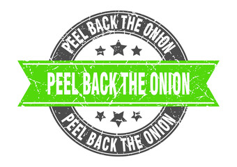 Obraz premium peel back the onion round stamp with ribbon. label sign