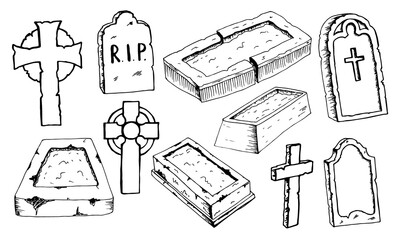 Graves headstones celtic cross hand drawn doodle outline set. Black gloomy sketch gravestone for decoration of halloween card poster invitation. Stock vector illustration isolated on white background