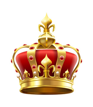 Golden royal crown with jewels. Heraldic elements, monarchic symbol for king. Monarchy accessory with red stones. Royalty luxury element for coronation isolated on white vector illustration