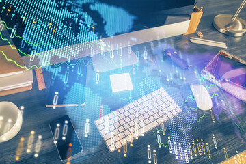 Multi exposure of chart and financial info and work space with computer background. Concept of...