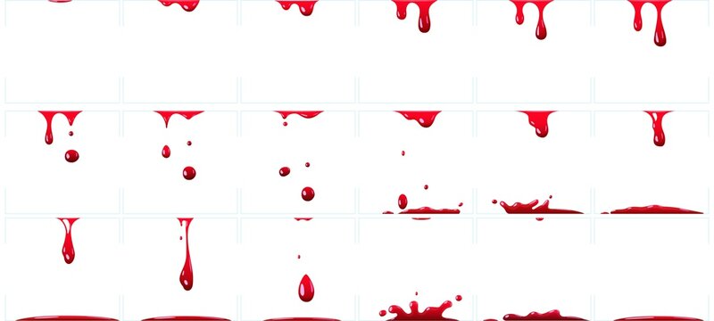 Dripping blood animation. Red paint splash for game, murder or crime scene with bloody splatter, halloween horror decoration for holiday celebration isolated set vector illustration