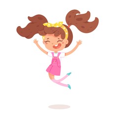 Smiling girl jumping for joy and hands up. Cute child wearing dress and bow in hair, isolated person on white background. Vector character illustration of children gestures, emotions, types of moods.