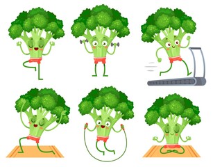 Cartoon broccoli character fitness. Vegetable doing exercises with dumbbells, running on treadmill, jumping with rope and meditating in different positions isolated set vector illustration