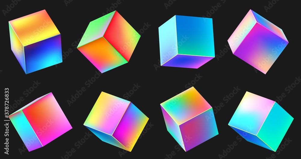 Poster holographic realistic 3d metal cube set. neon color geometric element in different positions. square