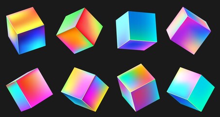 Holographic realistic 3D metal cube set. Neon color geometric element in different positions. Square with bright colorful gradients collection isolated on black vector illustration © Tartila
