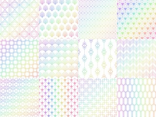 Holographic, metal rainbow seamless pattern set. Colorful shiny foil with gradient. Luminous design with abstract figures and shapes background for invitation card, texture vector illustration