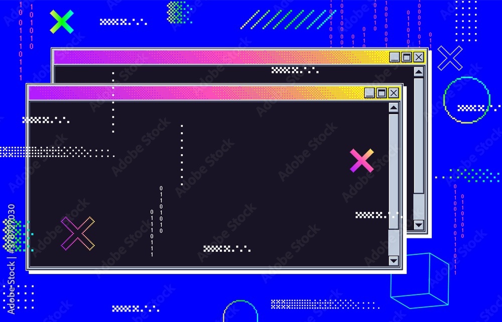 Fototapete vaporwave cyberpunk glitch retrofuturistic background with opened windows. user interface with neon 