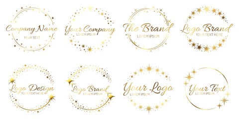 Stardust golden logo set. Shiny circle frames with stars and glowing glitter. Round border for company name, brand. Place for text inside wreath. Starry shape template collection vector illustration