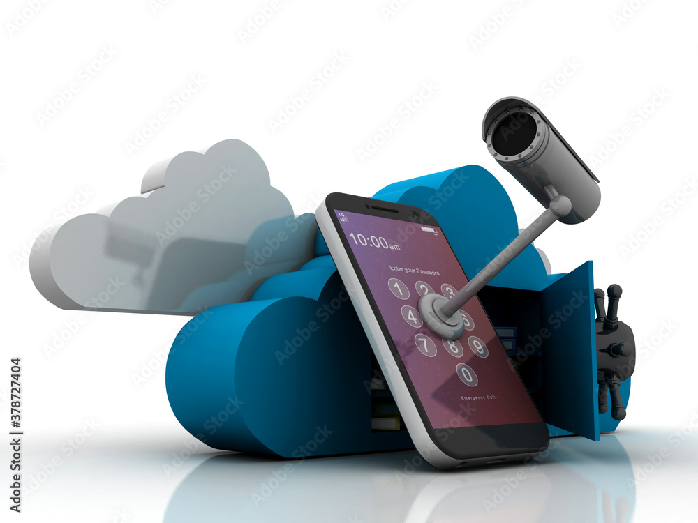 Poster 3d rendering cloud folder with mobile phone connected cctv camera