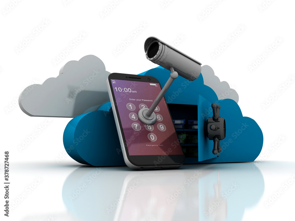 Poster 3d rendering cloud folder with mobile phone connected cctv camera