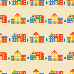 Seamless pattern houses and streets, roofs of building.  Cute cityscape colorful background for kids textile, wrapping paper, textile design. Vector background with town and trees