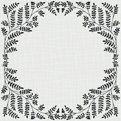 Wild meadow grass floral frame. Hand drawn ornamental leaves on scribbled grid line art texture background with space for copy text. Modern geometric botanical design. Black and white illustration.