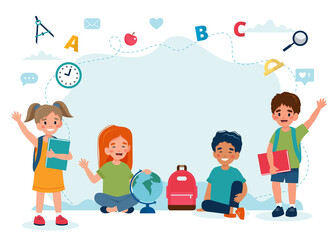 Happy children in class, back to school concept, cute characters. illustration in flat style