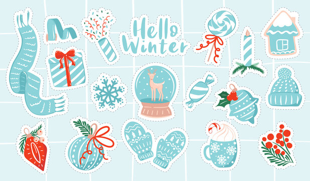 Set of stickers with winter and Christmas holiday theme. Holiday clipart collection