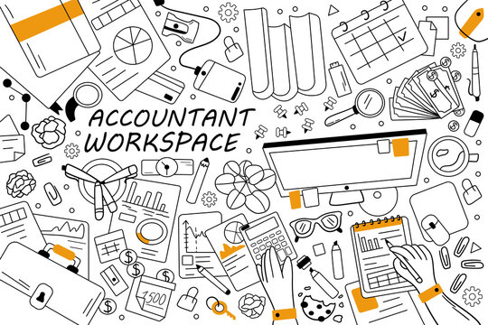 Accountant Workspace Doodle Set. Collection Of Hand Drawn Sketches Templates Patterns Of Finance Business Accounting Working Equipment. Financial Occupation Data Analysis And Roi And Money Growth.