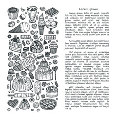 Card template with cute hand drawn sweets and candies. Vector collection