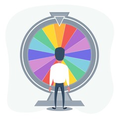 Winning jackpot, happy man in Wheel of Fortune game. Vector flat style cartoon illustration