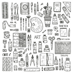 Set of cute hand drawn art tools including pencils; pens; watercolor; eraser; pastel; brush; and others. Vector hand drawn art collection